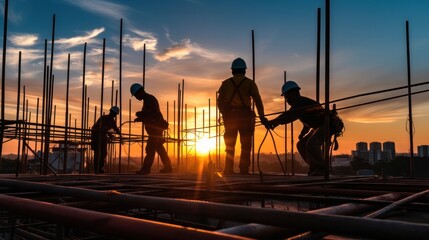 Silhouette of construction workers on the construction site at sunset and crane, scaffolding and structure