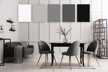 Spacious dining room with furniture. Color palette matching to this interior design