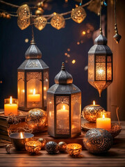 Atmospheric Ramadan and Eid concept design in gold with lanterns, decor and lighting for advert, posture, social media posts