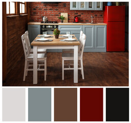 Spacious and cozy dining room with furniture. Color palette matching to this interior design