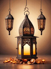 Atmospheric Ramadan and Eid concept design in gold with lanterns, decor and lighting for advert, posture, social media posts