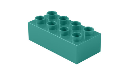 Celadon Green Plastic bricks Block Isolated on a White Background. Children Toy Brick, Perspective View. Close Up View of a Game Block for Constructors. 3D Rendering. 8K Ultra HD, 7680x4320, 300 dpi