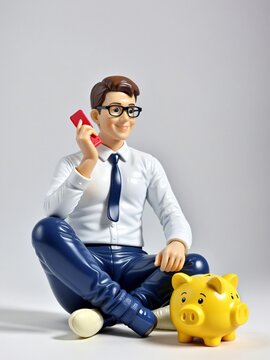 A 3D Toy Character Man Sitting On Piggy Bank With Calculator On A White Background