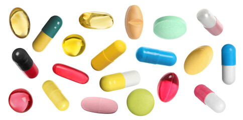 Many pills in different forms and colors isolated on white, collection