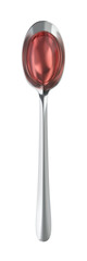 Red syrup in silver spoon on transparent background, top view