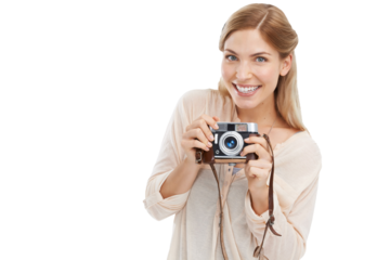 Isolated photographer woman, retro camera and smile for shooting, creativity or art by transparent png background. Girl, photography and journalist job for newspaper, magazine or paparazzi photoshoot