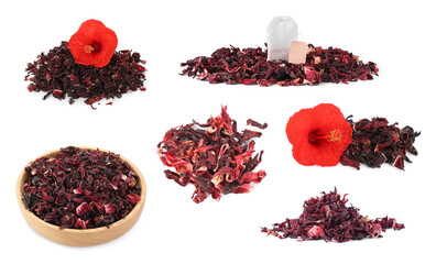 Dry hibiscus tea isolated on white, set © New Africa