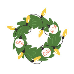 Christmas wreath with light garland and toys