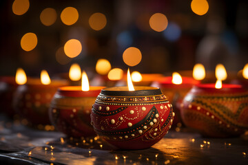 During Diwali celebration, beautiful clay diya lamps are lit, wishing you a happy Diwali,