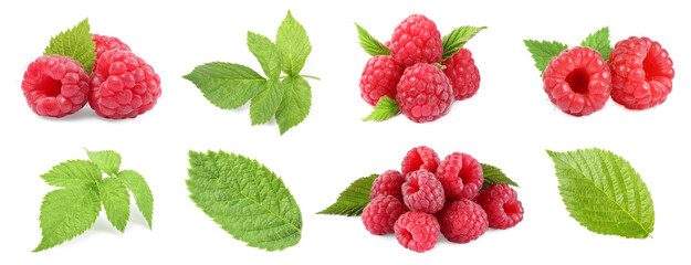 Fresh ripe raspberries and green leaves isolated on white, set