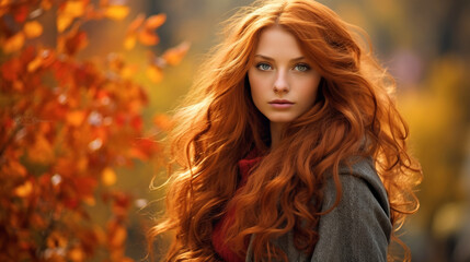 fantasy woman autumn portrait of a red-haired girl in nature 
