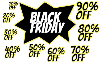
Black Friday. Discounts of 10%, 20%, 30%, 40%, 50%, 60%, 70%, 80%, 90% in black with yellow outline. Explosion effect