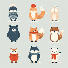 vector hand drawn flat winter animals collection