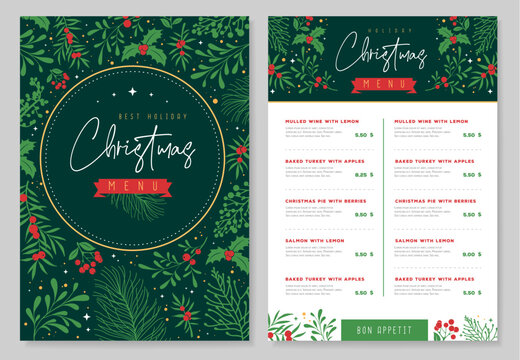 Restaurant Christmas holiday menu design with christmas floral  desoration. Vector illustration