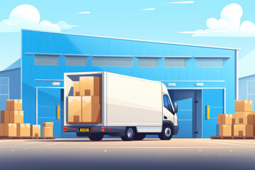 illustration of truck and cardboards outside warehouse