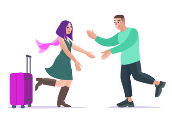 A guy and a girl have a joyful meeting at the station. Return of a loved one. Relationship concept of love and waiting for a joyful moment. Vector flat illustration