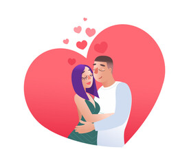 Young loving smiling couple boy and girl standing hugging, hugging each other, feeling in love. Romantic close relationship concept vector flat illustration