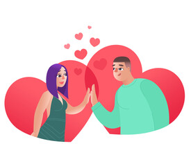 A young man and woman in love touch their hands and look into their eyes. A couple in love symbolically against the background of hearts. Concept of relationships of love and tenderness. Flat vector i