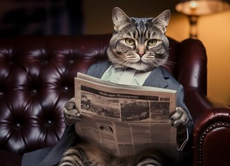a cat is sitting in an armchair reading the paper while wearing a tie and jacket