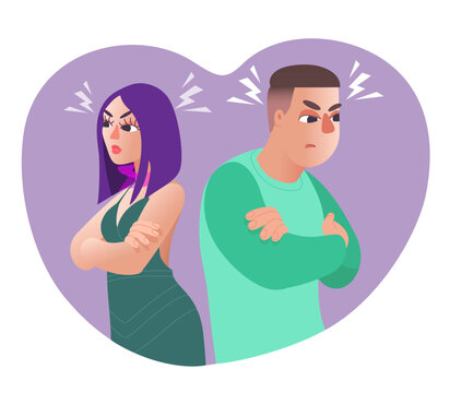 Resentment between a guy and a girl. they turned away from each other. Concept of difficulty in relationships between couples. Vector flat illustration