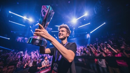 Professional gamer winner and lift the trophy for champions league, E-sport and tournament, Celebrate for champions - obrazy, fototapety, plakaty