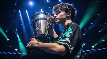 Professional gamer winner and lift the trophy for champions league, E-sport and tournament,...