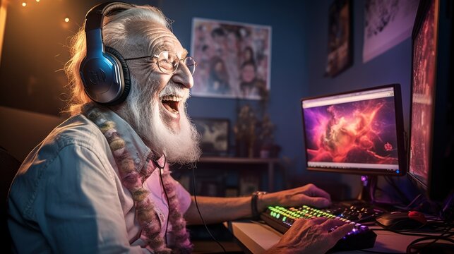 Old Man Gamer Laughing And Playing Online Games Computer, Relaxation With Video Game