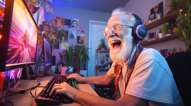 Old man gamer laughing and playing online games computer, Relaxation with video game