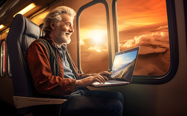 senior man in a train looking at his laptop