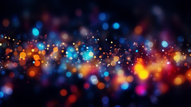 Abstract Colorful Neon bokeh Christmas texture. Sparkling blur holiday City light. Christmas new year eve blurred background. Disco music bright glow design.