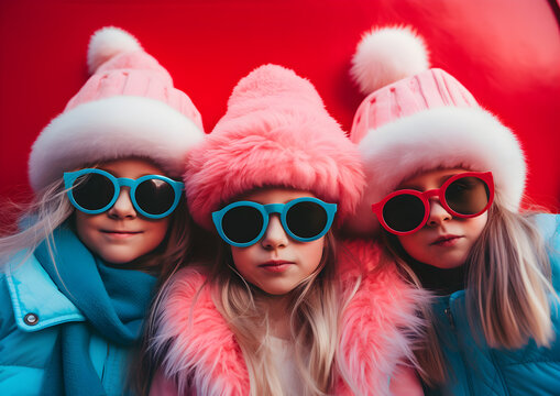 Festive Selfie Fun:  Girls in Santa Hats and Sunglasses Strike Poses, Share Laughter, and Snap Cheerful Selfies
Perfect for Portraying Holiday Joy and the Delight of Capturing Festive Moments