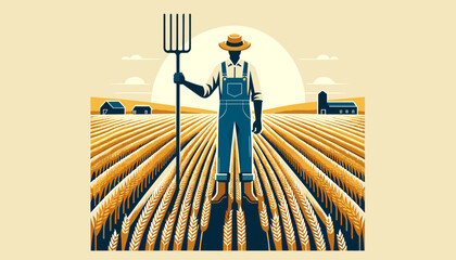 Farmer in Wheat Field with Pitchfork Vector Design © dni