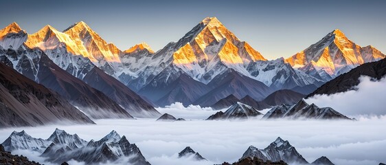 Mountain peak of the tibetan snow-capped mountains, a beautiful panorama of the mountains at sunset of the day, generative ai.