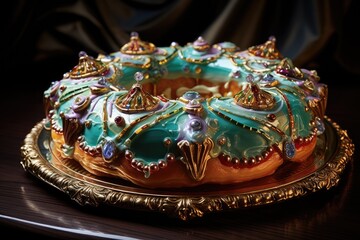 A vibrant King Cake, a symbol of Mardi Gras and festive traditions