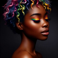A young beautiful black African-american punk woman with rainbow hairstyle. Colored Eyelashes. Boldness, proud. Lgbtq, queer, lesbian, homosexual. Freedom. Equality. Plain background. Generative AI