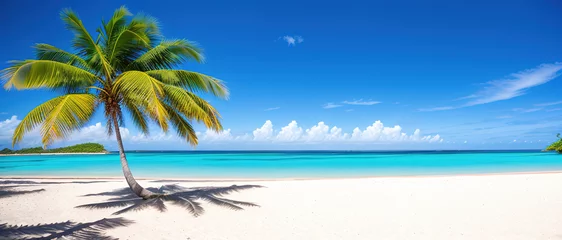 Foto op Plexiglas Paradise beach of a tropical island, palm trees, white sand, azure water. Famous stone beach in the Seychelles. Generative AI. © Budjak Studio