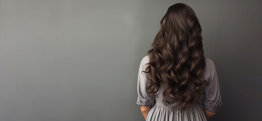 The back view portrait of a female hair model with silky healthy hair isolated on the gray  dark...