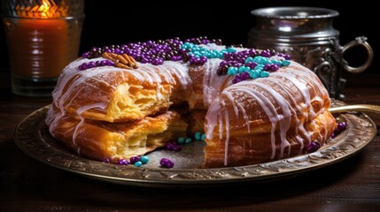 A vibrant King Cake, adorned with colorful icing that reflects the spirit of Mardi Gras 