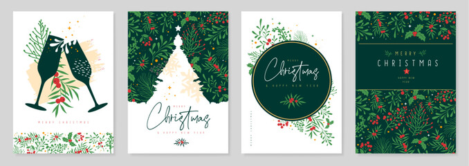 Set of Christmas holiday greeting cards or covers with christmas floral desoration. Vector illustration - obrazy, fototapety, plakaty