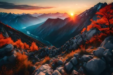 Zelfklevend Fotobehang A mountain range at sunrise with vibrant colors, breathtaking © Zainab