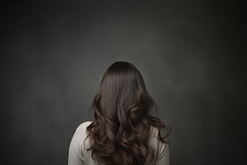 The back view portrait of a female hair model with silky healthy hair isolated on the gray  dark background. Generative AI.