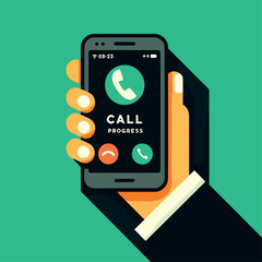Hand Holding Phone with 'Call in Progress' Vector Design