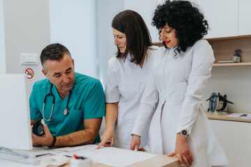 Expert healthcare professionals analyzing results, reviewing reports and tests, offering diagnoses, and providing specialized medical care and support for patients in a clinic or hospital setting.