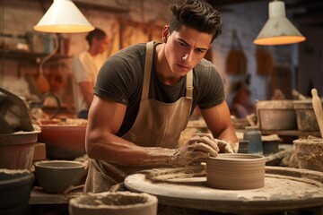A young male potter makes pottery in his workshop. Small business, eco-friendly production. - obrazy, fototapety, plakaty