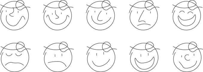 Abstract cartoon people character design comic Faces with various Emotions. Trendy expression face crayon drawing style, empty speech bubbles, black characters people flat hand drawing. Characters