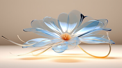  a blue flower with a yellow center sitting on a table.  generative ai