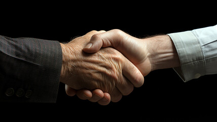 Photo close up of hand during hand shaking. Old people's hands and young people's hand during hand shaking. Isolated on black background. Generative AI