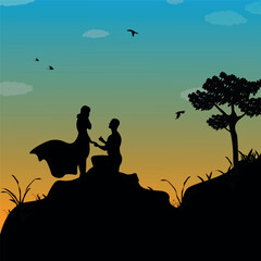 Fototapeta na wymiar Vector illustration of silhouette of a couple on a hill at dusk
