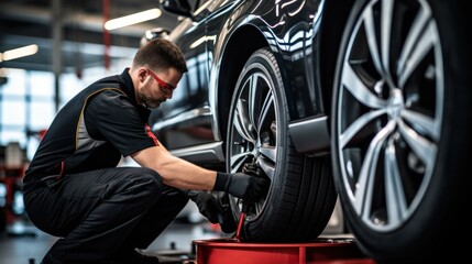Fototapeta na wymiar Male technician working at car tires service shop