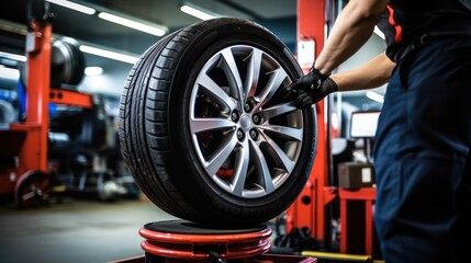 Male technician working at car tires service shop